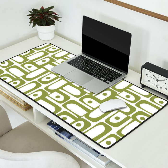 Mid Century Modern Piquet Multi Abstract Geometric Pattern in Mid Mod Martini Olive Green and White Desk Mat Gallery Image 2