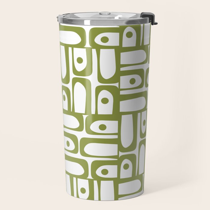 Mid Century Modern Piquet Multi Abstract Geometric Pattern in Mid Mod Martini Olive Green and White Travel Mug Gallery Image 2