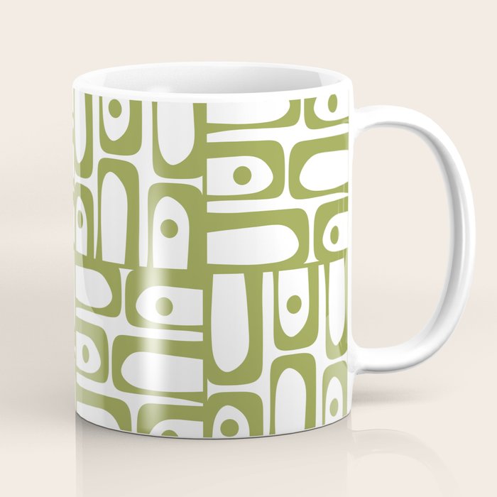 Mid Century Modern Piquet Multi Abstract Geometric Pattern in Mid Mod Martini Olive Green and White Coffee Mug Gallery Image 1