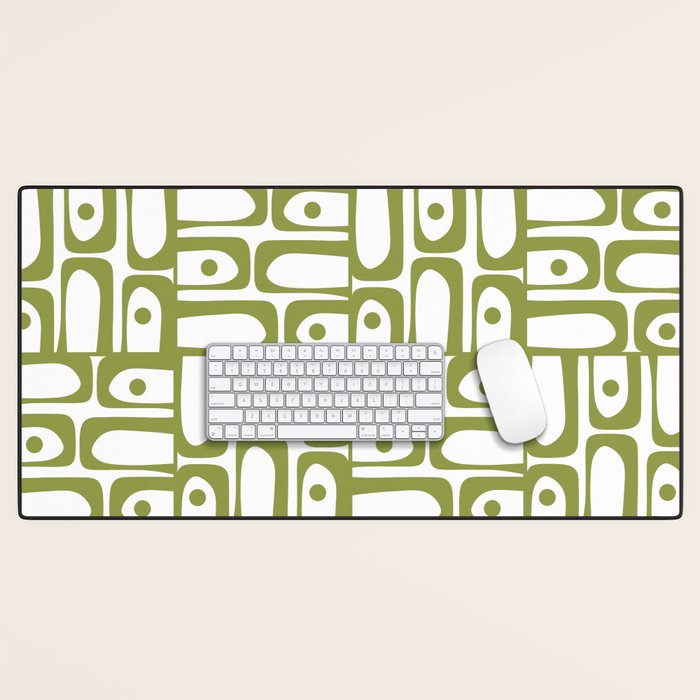 Mid Century Modern Piquet Multi Abstract Geometric Pattern in Mid Mod Martini Olive Green and White Desk Mat Gallery Image 1