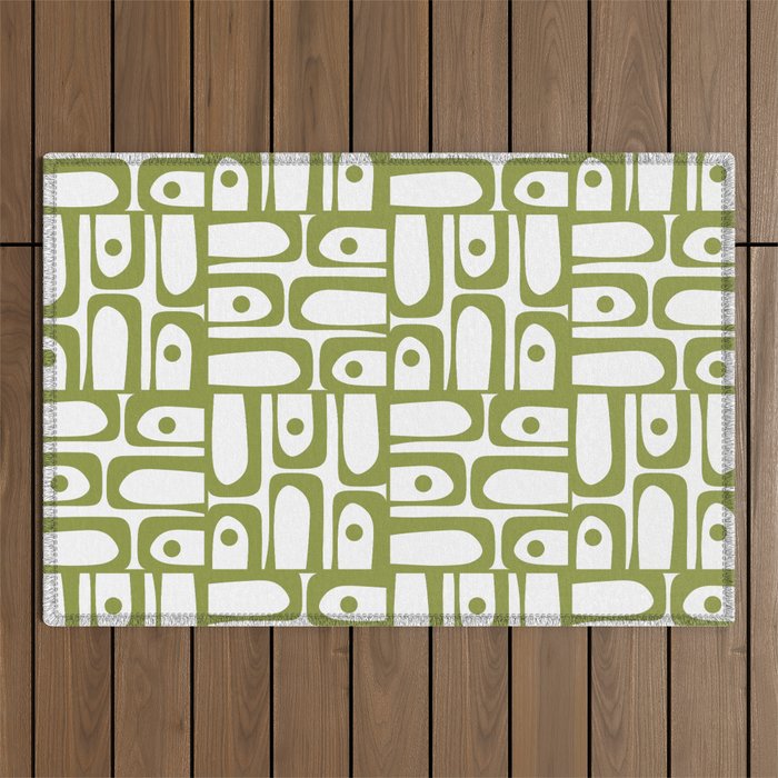 Mid Century Modern Piquet Multi Abstract Geometric Pattern in Mid Mod Martini Olive Green and White Outdoor Rug Gallery Image 1