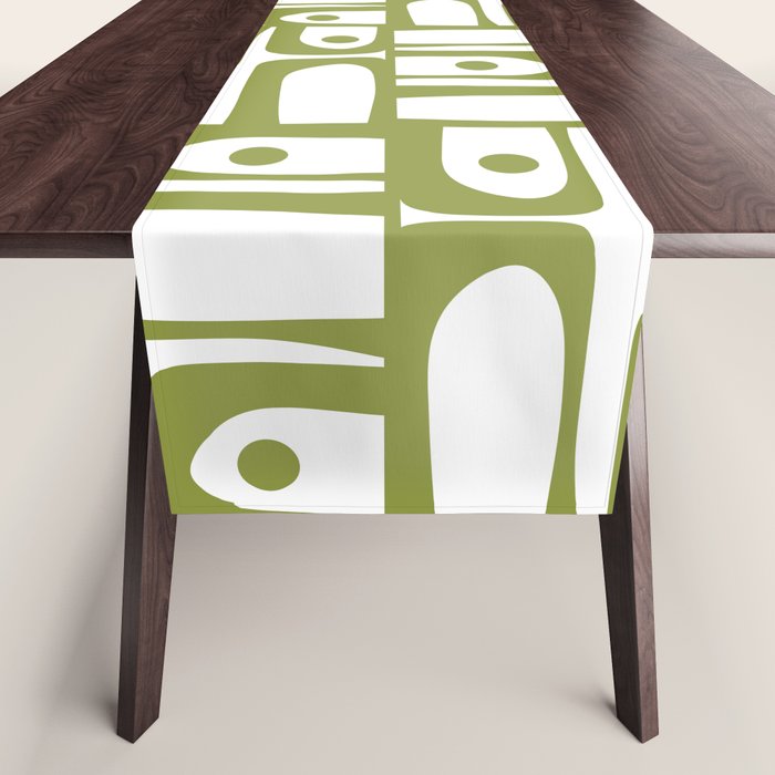 Mid Century Modern Piquet Multi Abstract Geometric Pattern in Mid Mod Martini Olive Green and White Table Runner Gallery Image 1