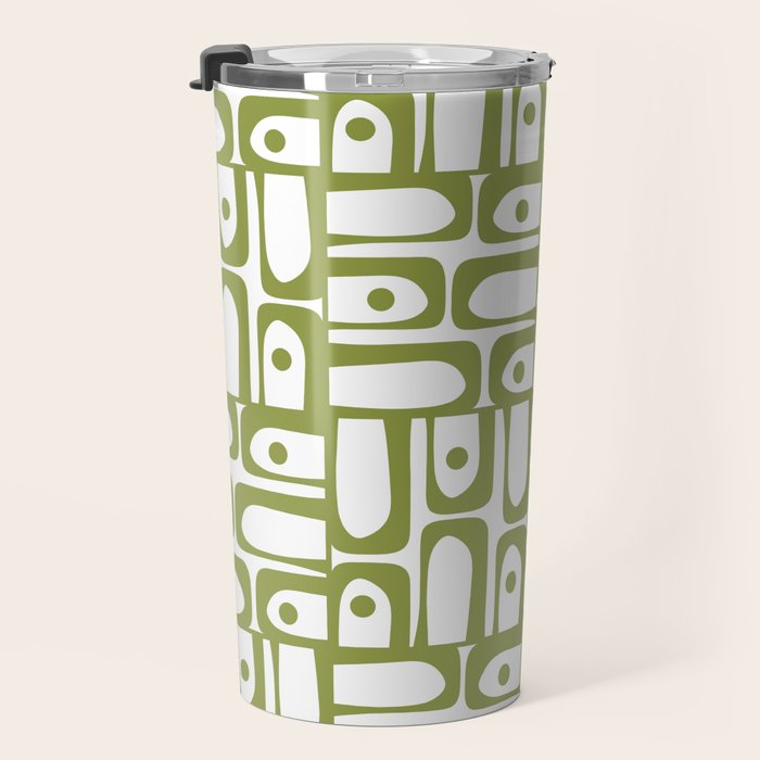 Mid Century Modern Piquet Multi Abstract Geometric Pattern in Mid Mod Martini Olive Green and White Travel Mug Gallery Image 3