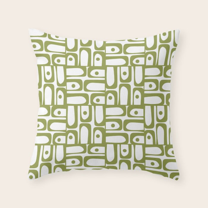 Mid Century Modern Piquet Multi Abstract Geometric Pattern in Mid Mod Martini Olive Green and White Throw Pillow Gallery Image 6