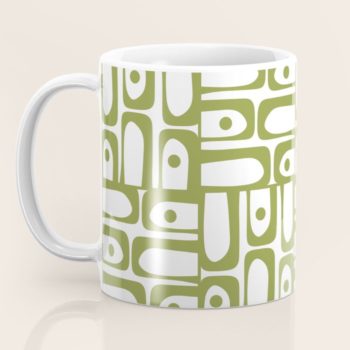 Mid Century Modern Piquet Multi Abstract Geometric Pattern in Mid Mod Martini Olive Green and White Coffee Mug Gallery Image 3