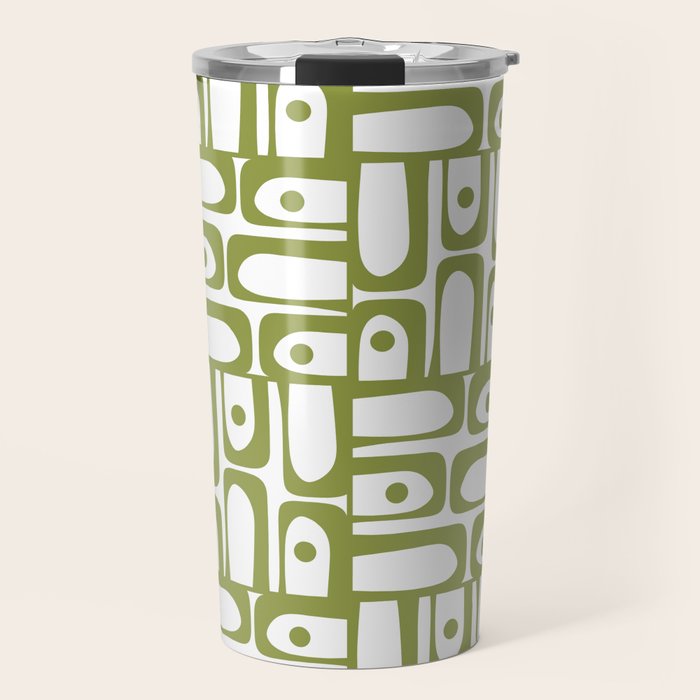 Mid Century Modern Piquet Multi Abstract Geometric Pattern in Mid Mod Martini Olive Green and White Travel Mug Gallery Image 1