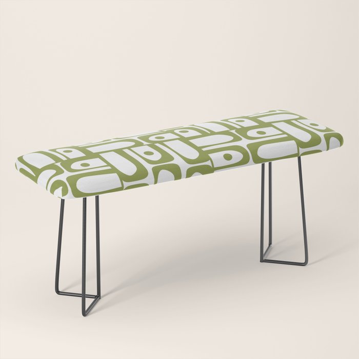 Mid Century Modern Piquet Multi Abstract Geometric Pattern in Mid Mod Martini Olive Green and White Bench Gallery Image 1