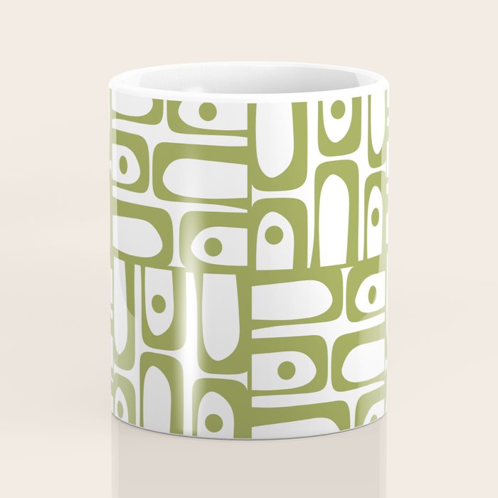 Mid Century Modern Piquet Multi Abstract Geometric Pattern in Mid Mod Martini Olive Green and White Coffee Mug Gallery Image 4