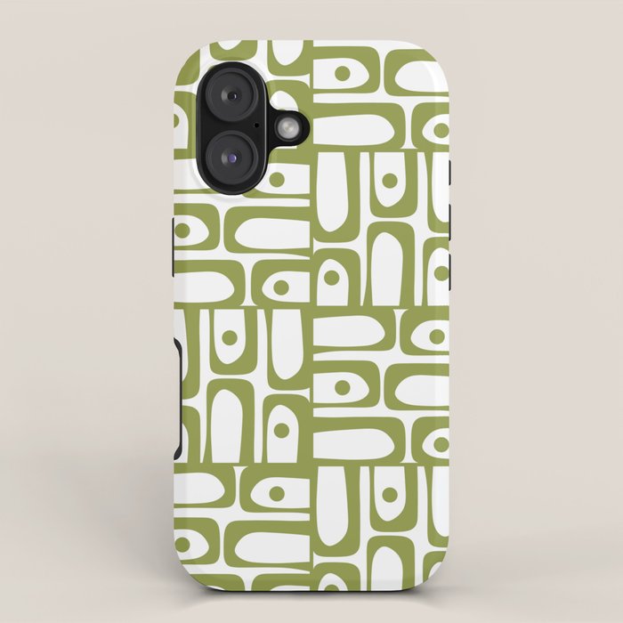 Mid Century Modern Piquet Multi Abstract Geometric Pattern in Mid Mod Martini Olive Green and White iPhone Case Gallery Image 1