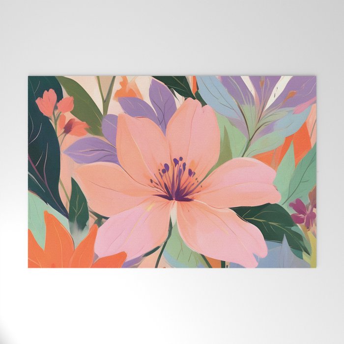 Summer Happy Place, Floral Botanical Nature Painting, Plants Garden Pastel Eclectic, Vintage Flowers Blossom Bohemian Welcome Mat Gallery Image 1