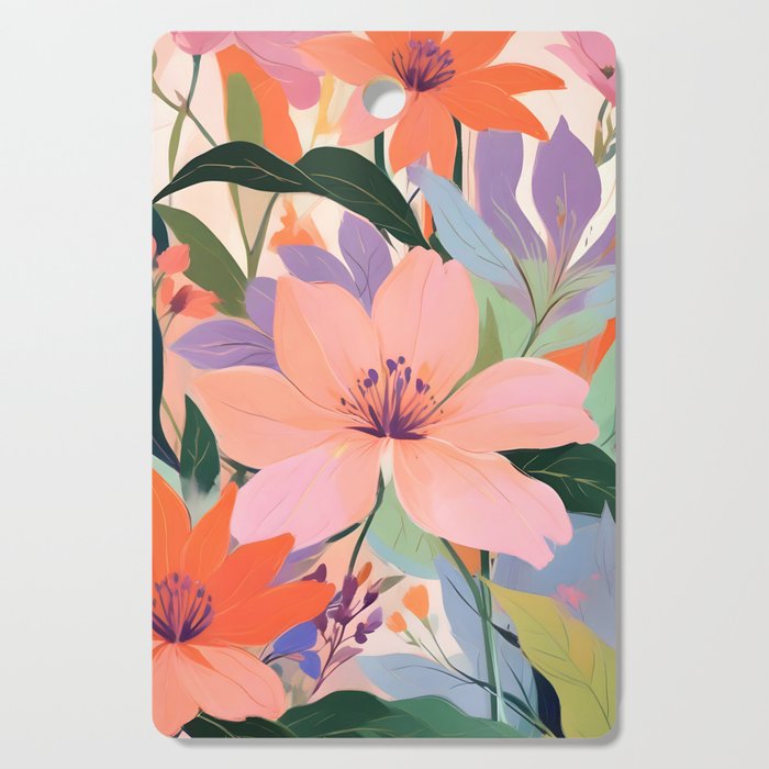 Summer Happy Place, Floral Botanical Nature Painting, Plants Garden Pastel Eclectic, Vintage Flowers Blossom Bohemian Cutting Board Gallery Image 1