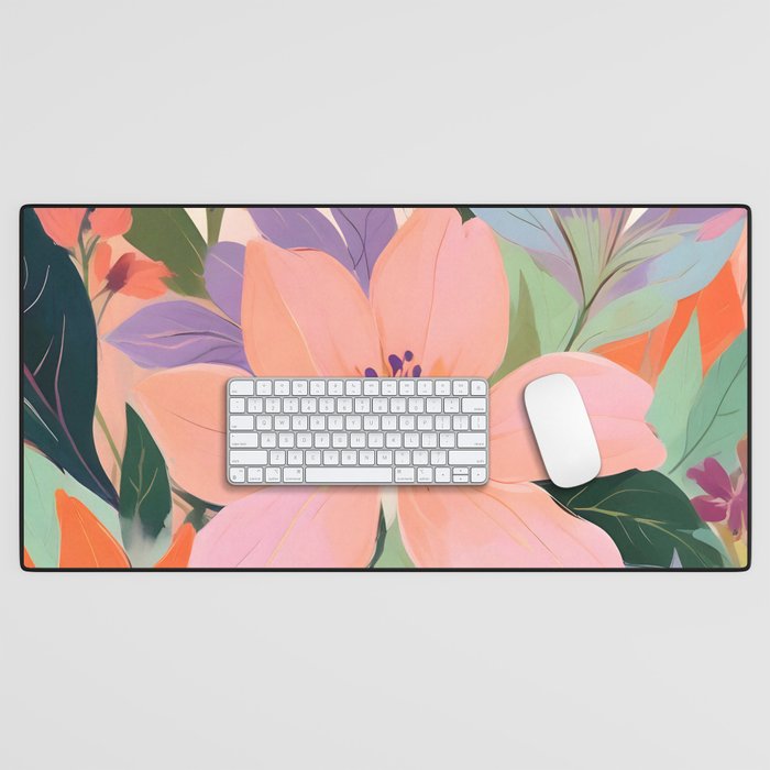 Summer Happy Place, Floral Botanical Nature Painting, Plants Garden Pastel Eclectic, Vintage Flowers Blossom Bohemian Desk Mat Gallery Image 1