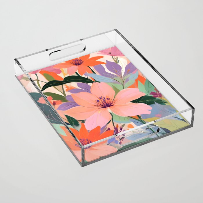 Summer Happy Place, Floral Botanical Nature Painting, Plants Garden Pastel Eclectic, Vintage Flowers Blossom Bohemian Acrylic Tray Gallery Image 1
