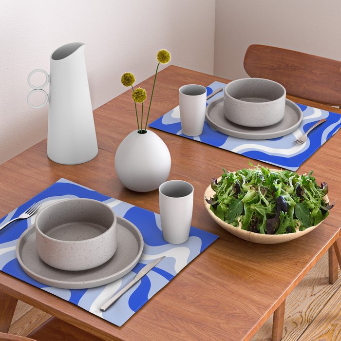 Retro Liquid Swirl Abstract Pattern Royal Blue, Light Blue, and White  Placemat Gallery Image 2