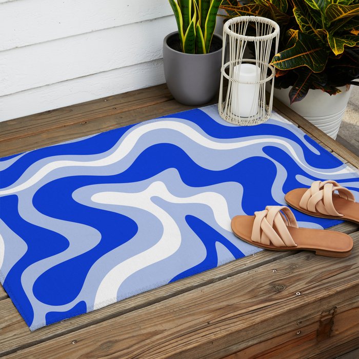 Retro Liquid Swirl Abstract Pattern Royal Blue, Light Blue, and White  Outdoor Rug Gallery Image 2