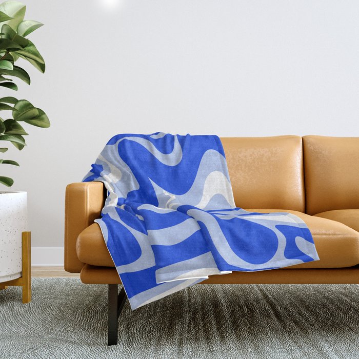 Retro Liquid Swirl Abstract Pattern Royal Blue, Light Blue, and White  Throw Blanket Gallery Image 1