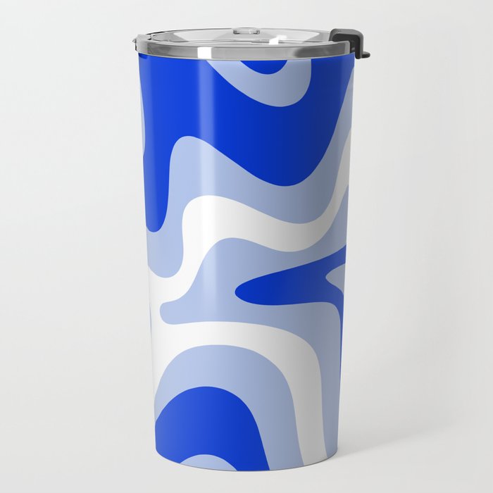Retro Liquid Swirl Abstract Pattern Royal Blue, Light Blue, and White  Travel Mug Gallery Image 2