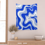 Retro Liquid Swirl Abstract Pattern Royal Blue, Light Blue, and White  Wall Tapestry Gallery Image 2