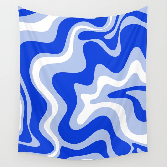 Retro Liquid Swirl Abstract Pattern Royal Blue, Light Blue, and White  Wall Tapestry Gallery Image 4
