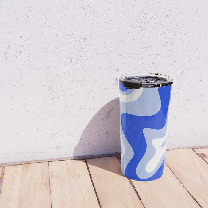 Retro Liquid Swirl Abstract Pattern Royal Blue, Light Blue, and White  Travel Mug Gallery Image 4