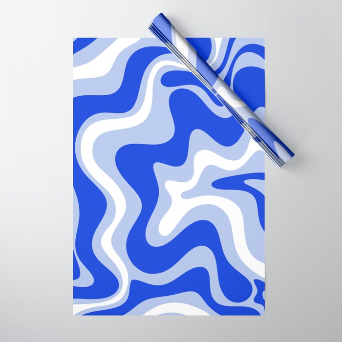 Retro Liquid Swirl Abstract Pattern Royal Blue, Light Blue, and White  Wrapping Paper Gallery Image 1