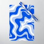 Retro Liquid Swirl Abstract Pattern Royal Blue, Light Blue, and White  Wrapping Paper Gallery Image 1