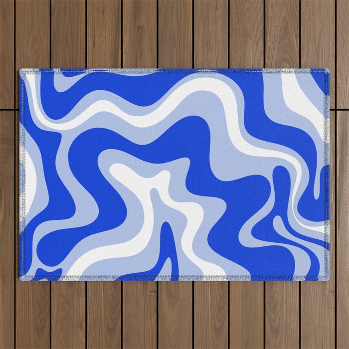 Retro Liquid Swirl Abstract Pattern Royal Blue, Light Blue, and White  Outdoor Rug Gallery Image 1