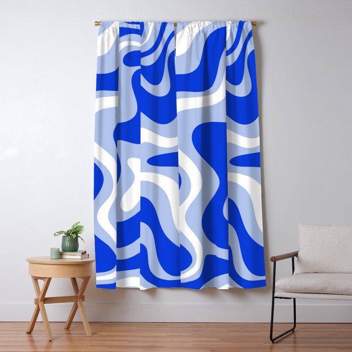 Retro Liquid Swirl Abstract Pattern Royal Blue, Light Blue, and White  Window Curtain Gallery Image 5