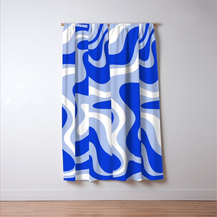 Retro Liquid Swirl Abstract Pattern Royal Blue, Light Blue, and White  Window Curtain Gallery Image 3