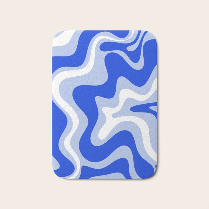 Retro Liquid Swirl Abstract Pattern Royal Blue, Light Blue, and White  Bath Mat Gallery Image 1