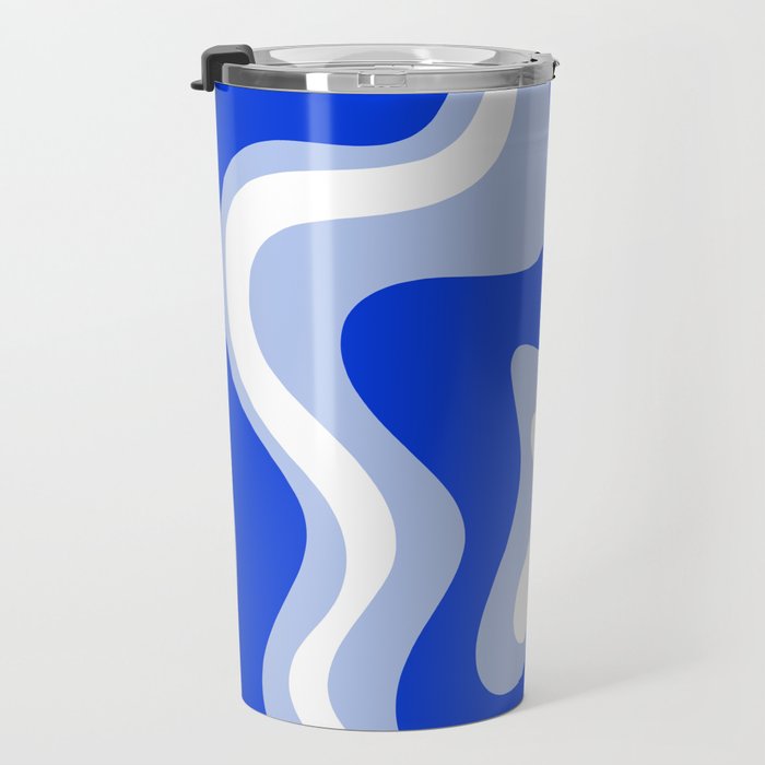 Retro Liquid Swirl Abstract Pattern Royal Blue, Light Blue, and White  Travel Mug Gallery Image 3