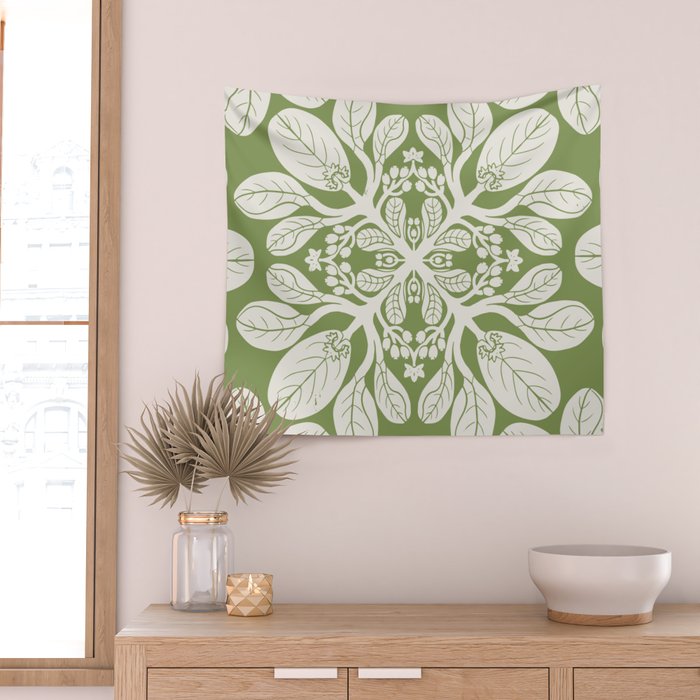 Naupaka Hawaiian quilt pattern in sage and beige Wall Tapestry Gallery Image 2