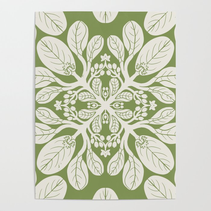 Naupaka Hawaiian quilt pattern in sage and beige Poster Gallery Image 1
