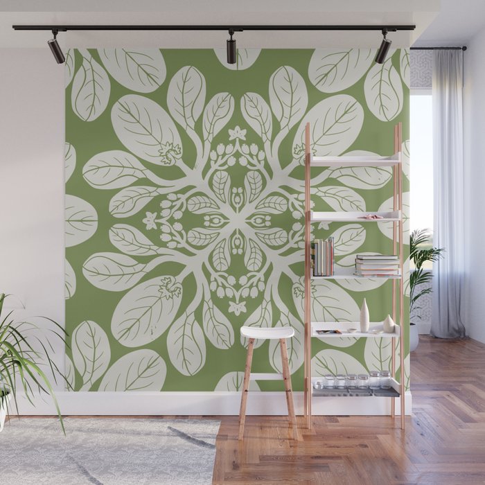 Naupaka Hawaiian quilt pattern in sage and beige Wall Mural Gallery Image 1
