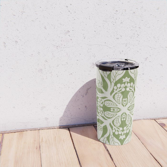 Naupaka Hawaiian quilt pattern in sage and beige Travel Mug Gallery Image 4