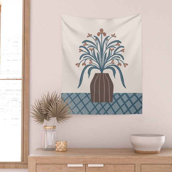 Earthy Modern Vase with Florals Wall Tapestry Gallery Image 2