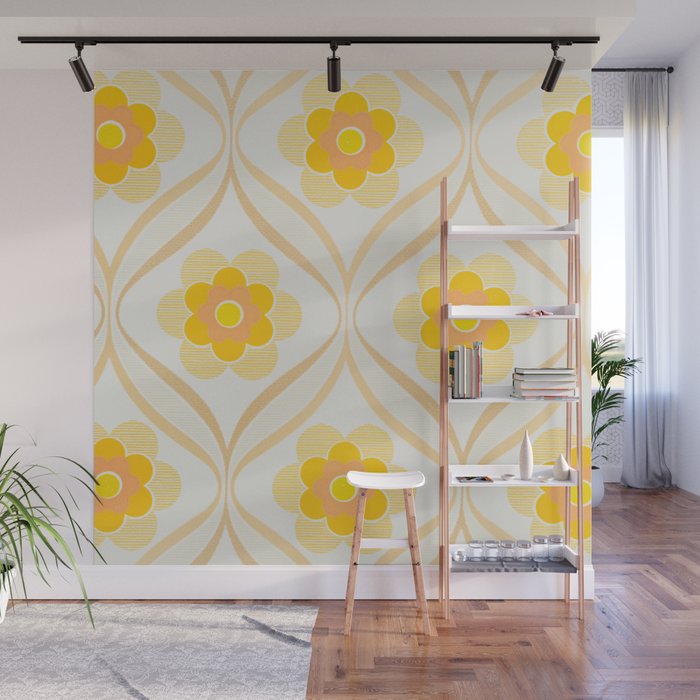 Vintage 70s Yellow Floral Pattern Wall Mural Gallery Image 1