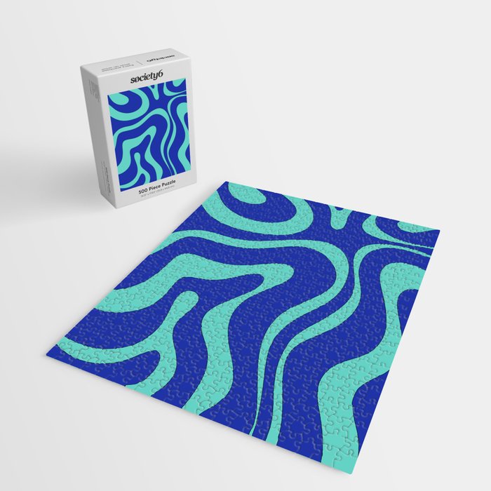 Modern Retro Liquid Swirl Funky Abstract Pattern Bright Blue Aqua Turquoise Jigsaw Puzzle Gallery Image 2