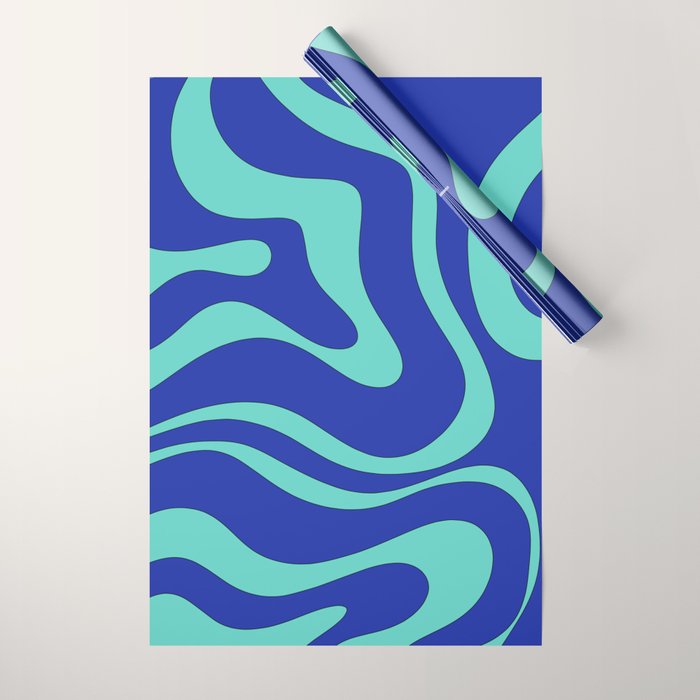 Modern Retro Liquid Swirl Funky Abstract Pattern Bright Blue Aqua Turquoise Wrapping Paper Gallery Image 1