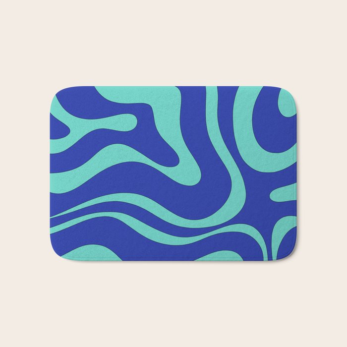 Modern Retro Liquid Swirl Funky Abstract Pattern Bright Blue Aqua Turquoise Bath Mat Gallery Image 1