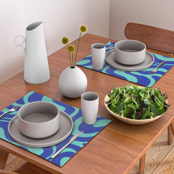 Modern Retro Liquid Swirl Funky Abstract Pattern Bright Blue Aqua Turquoise Placemat Gallery Image 2