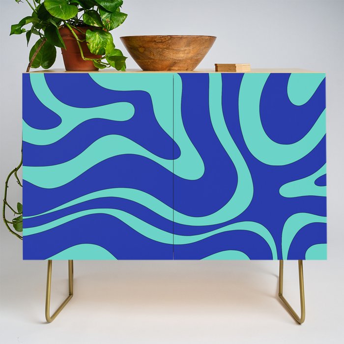Modern Retro Liquid Swirl Funky Abstract Pattern Bright Blue Aqua Turquoise Credenza Gallery Image 1