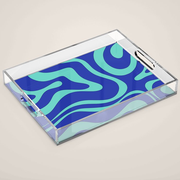 Modern Retro Liquid Swirl Funky Abstract Pattern Bright Blue Aqua Turquoise Acrylic Tray Gallery Image 1