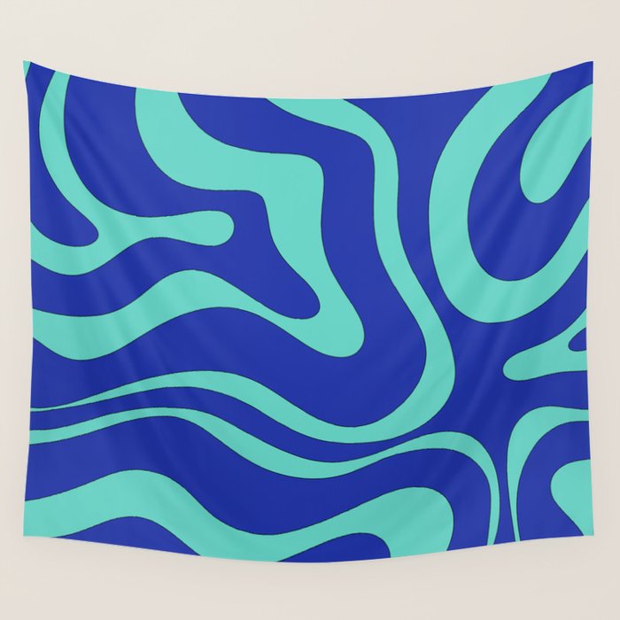Modern Retro Liquid Swirl Funky Abstract Pattern Bright Blue Aqua Turquoise Wall Tapestry Gallery Image 1