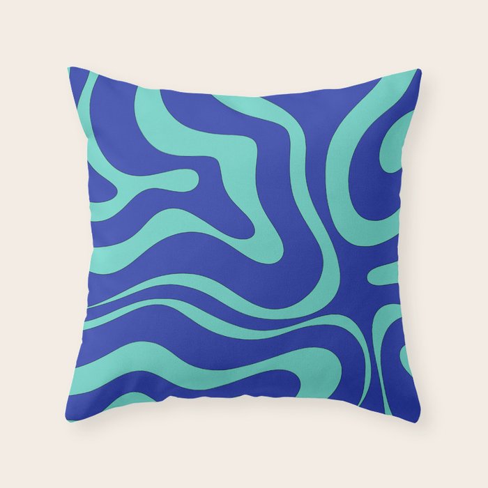 Modern Retro Liquid Swirl Funky Abstract Pattern Bright Blue Aqua Turquoise Throw Pillow Gallery Image 1