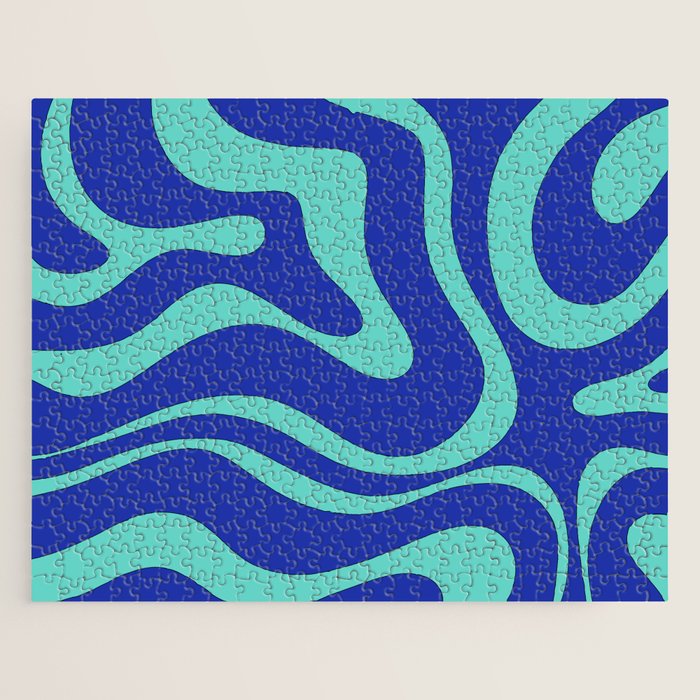 Modern Retro Liquid Swirl Funky Abstract Pattern Bright Blue Aqua Turquoise Jigsaw Puzzle Gallery Image 1