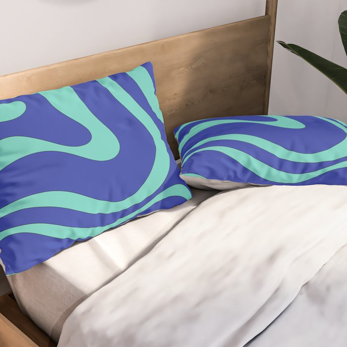 Modern Retro Liquid Swirl Funky Abstract Pattern Bright Blue Aqua Turquoise Pillow Sham Gallery Image 2