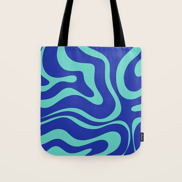 Modern Retro Liquid Swirl Funky Abstract Pattern Bright Blue Aqua Turquoise Tote Bag Gallery Image 1
