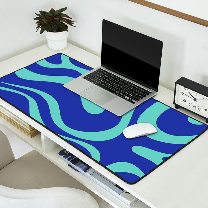 Modern Retro Liquid Swirl Funky Abstract Pattern Bright Blue Aqua Turquoise Desk Mat Gallery Image 2