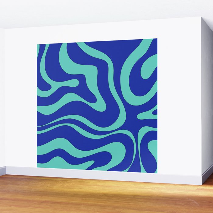 Modern Retro Liquid Swirl Funky Abstract Pattern Bright Blue Aqua Turquoise Wall Mural Gallery Image 2